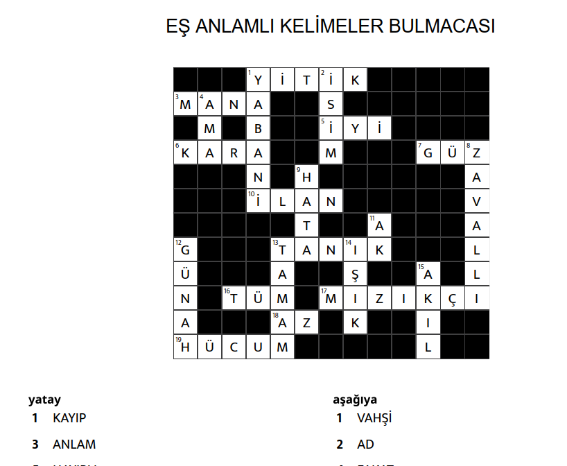 İlkokul 3. Sınıf Türkçe – Eş Anlamlı Kelimeler Bulmacası ve Etkinlikler – (DOSYA) – İlkokul 3.Sınıf / Türkçe – EduShare