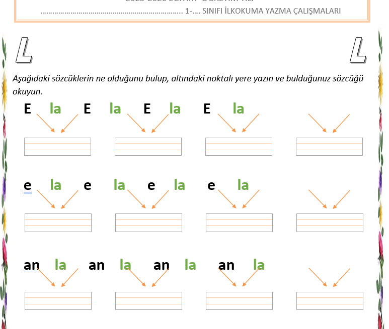 İlkokul 1. Sınıf İlk Okuma Yazma Öğretimi L Sesinden Oluşan Hece ve Kelimeler | 2025-2026 Eğitim Öğretim Yılı – (DOCX) – İlk…