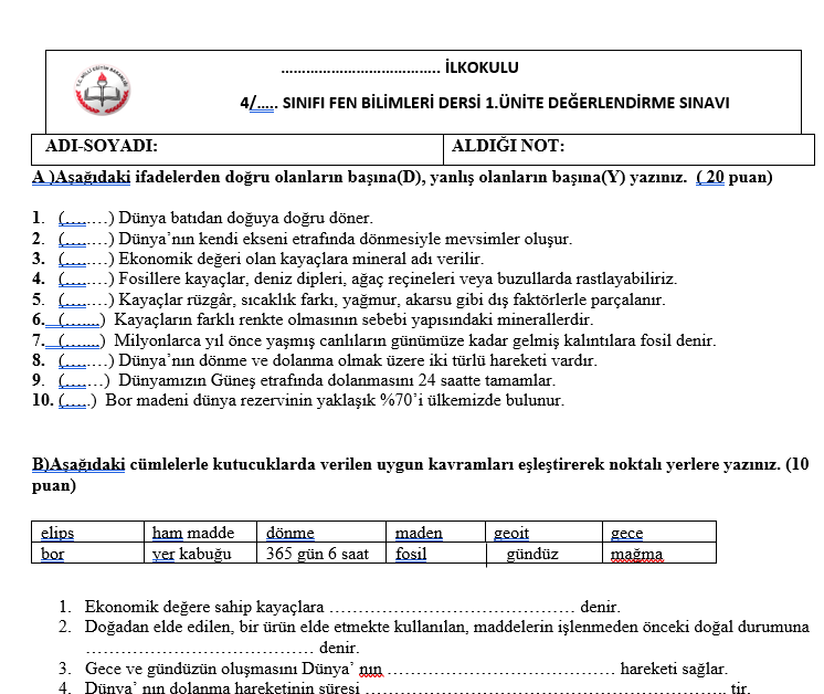 İlkokul 4. Sınıf Fen Bilimleri 1. Dönem 1. Yazılı Soruları | 2025-2026 Eğitim Öğretim Yılı – (DOCX) – İlkokul 4.Sınıf / Fen …