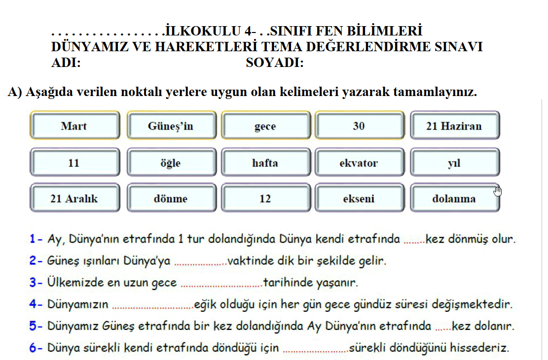 İlkokul 4. Sınıf Fen Bilimleri Dünyamız Teması Sınavı (1) | Ünite Değerlendirme Testi PDF – (PDF) – İlkokul 4.Sınıf / Fen Bi…