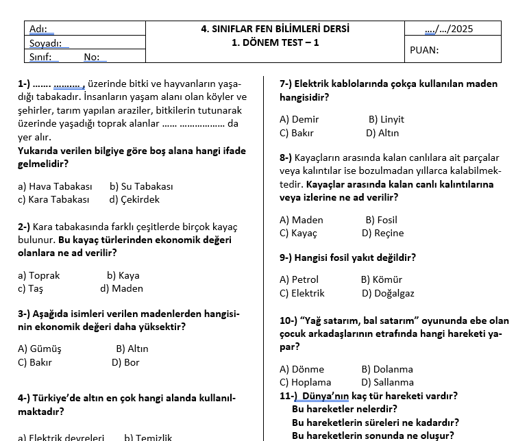 İlkokul 4. Sınıf Fen Bilimleri Test 1 | 2025-2026 Eğitim Öğretim Yılı Ünite Değerlendirme – (DOCX) – İlkokul 4.Sınıf / Fen B…