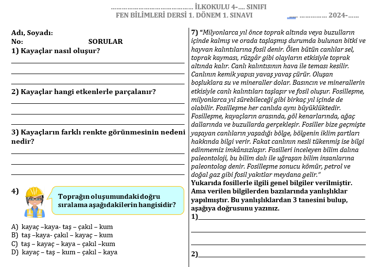 İlkokul 4. Sınıf Fen Bilimleri Yazılı | 2025-2026 Eğitim Öğretim Yılı 1. Dönem Fen Yazılı Soruları – (DOCX) – İlkokul 4.Sını…