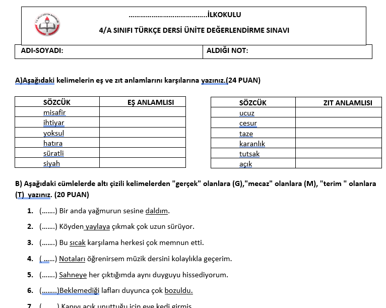 İlkokul 4. Sınıf Türkçe 1. Değerlendirme | 2025-2026 Eğitim Öğretim Yılı – (DOCX) – İlkokul 4.Sınıf / Türkçe – EduShare