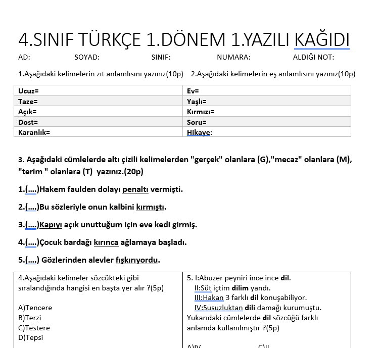 İlkokul 4. Sınıf Türkçe 1. Dönem 1. Yazılı Sınav Kağıdı | 2025-2026 Eğitim Öğretim Yılı Word – (DOCX) – İlkokul 4.Sınıf / Tü…