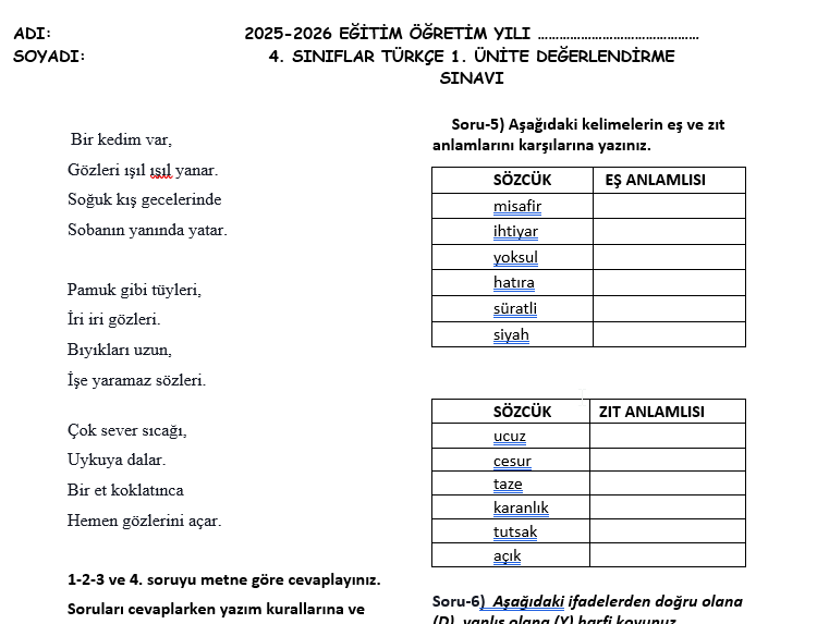 İlkokul 4. Sınıf Türkçe 1. Ünite Kazanım Değerlendirme Sınavı | 2025-2026 Eğitim Öğretim Yılı – (DOCX) – İlkokul 4.Sınıf / T…