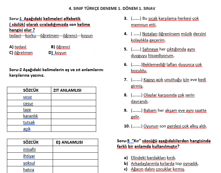 İlkokul 4. Sınıf Türkçe Test 1 | 2025-2026 Eğitim Öğretim Yılı 1. Dönem – (DOCX) – İlkokul 4.Sınıf / Türkçe – EduShare